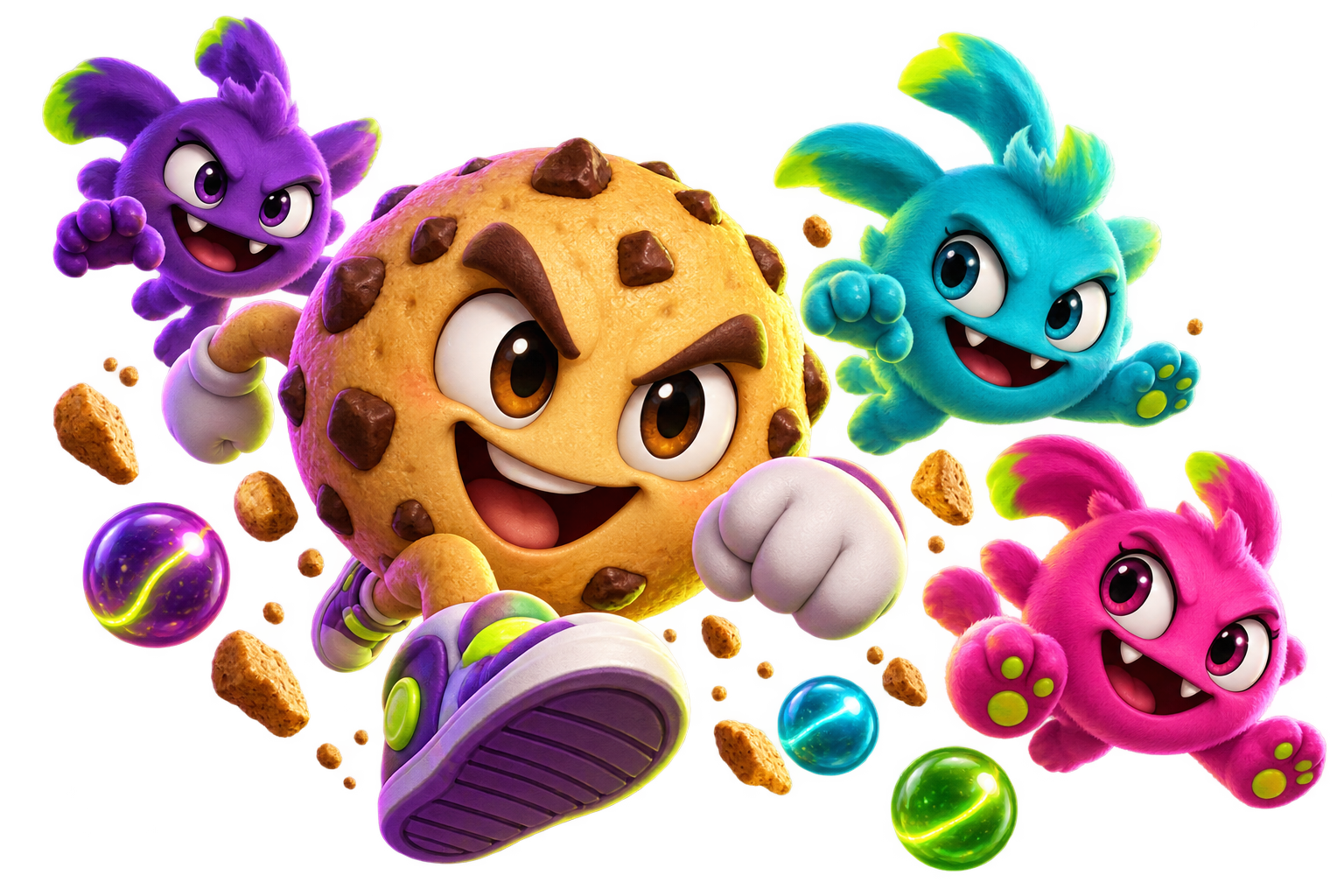 Cookie hero racing through a neon maze with colorful critters